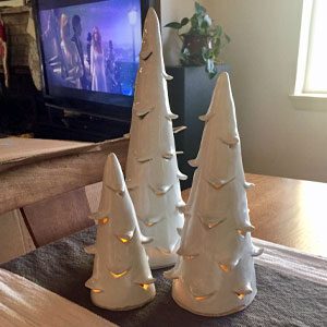 3 pine tree shaped pottery trees